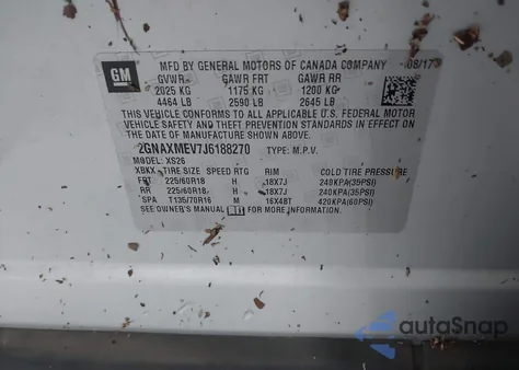 2018 Chevrolet Equinox Premier z USA, uszkodzony, nr VIN 2GNAXMEV7J6188270